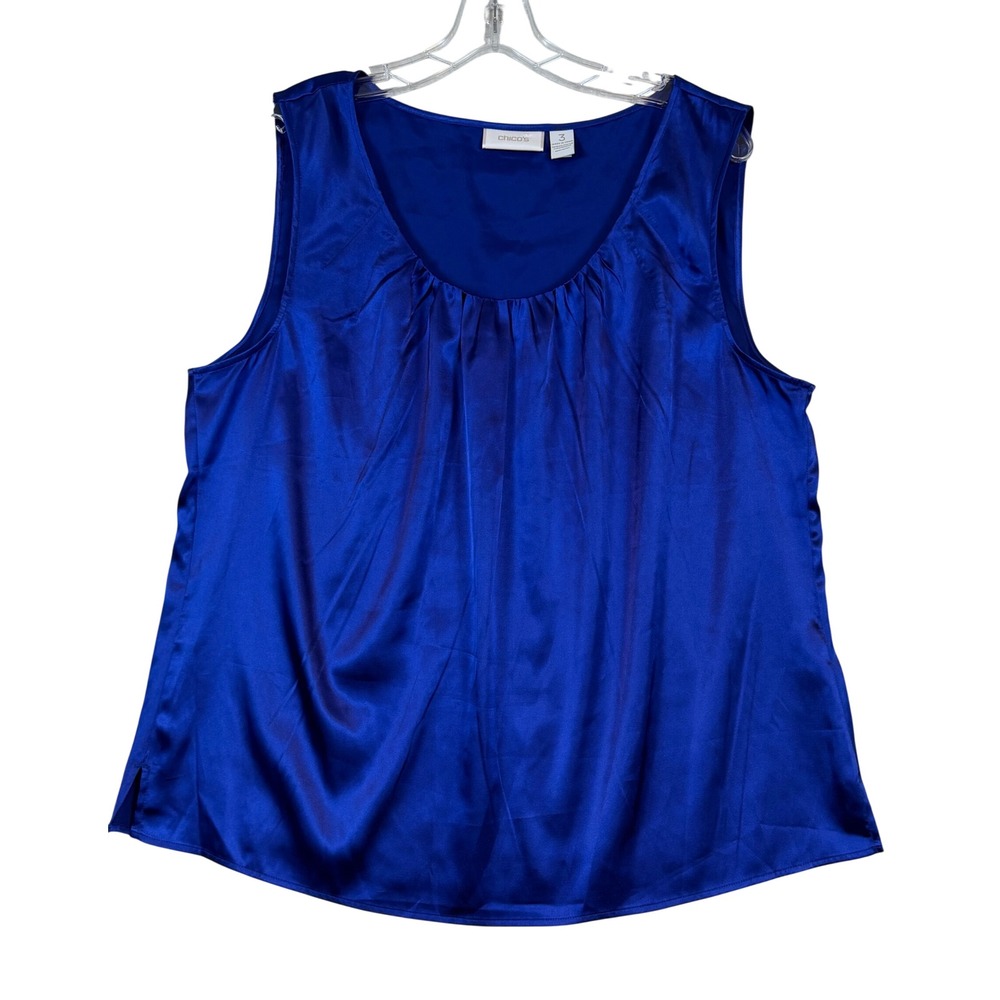 Chicos Royal Blue Satin Tank Top‎ Pleated Scoop Neck Sleeveless Blouse •3• Layer